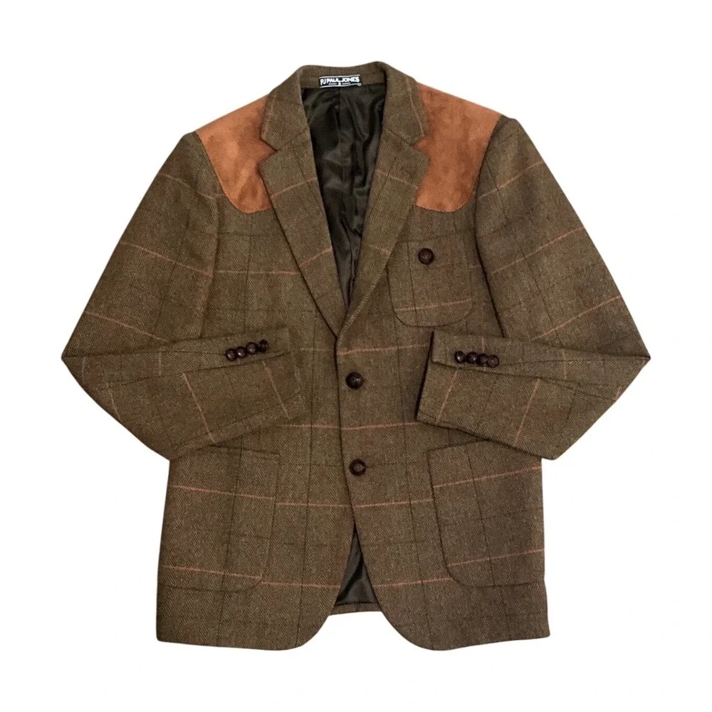PJ Paul Jones Mens Tweed Plaid Wool Blend Blazer Elbow Patch Brown Size S Jacket
